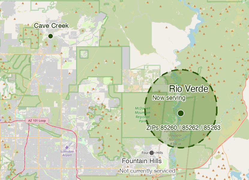 Map showing Pawfect Pet Sitter's Rio Verde, AZ service area, with the Fountain Hills area marked as not currently serviced